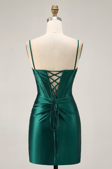 Robe de cocktail moulante en satin à sequins corset vert foncé